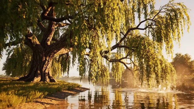 Majestic weeping willow tree by a calm river at sunset