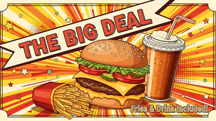 Fast food combo meal poster featuring classic burger centerpiece, bold promotional design for quick service restaurant with appetizing presentation, vibrant color
