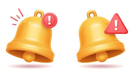 Glossy 3D golden notification bells with warning alert icons symbolizing important messages and urgent updates for digital applications