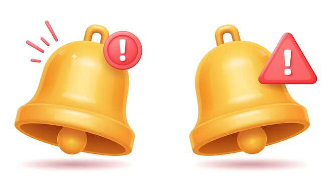 Glossy 3D golden notification bells with warning alert icons symbolizing important messages and urgent updates for digital applications - Powered by Adobe
