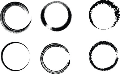 Collection of six distressed circle brush strokes on white background