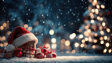 a red ribbon wrapped around christmas decorations and presents, with snow falling on it. the background is a deep red with twinkling lights, creating an atmosphere of joyous celebration. 