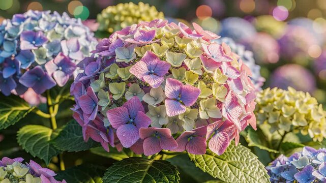 Close-up of colorful hydrangea flowers in a garden