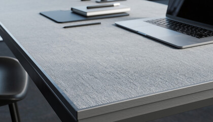 Business work on a desk with a notebook, pen, laptop, and books