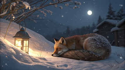 A sleeping fox curled up in the snow next to a glowing lantern on a winter night