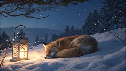 Cozy fox sleeps peacefully next to a glowing lantern in a snowy winter landscape