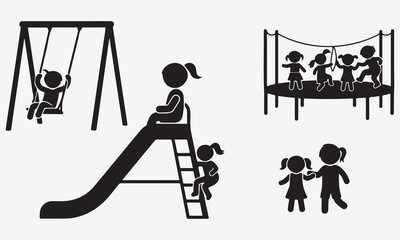 Children Playing on Playground Equipment: Swing, Slide, Trampoline, and Friends