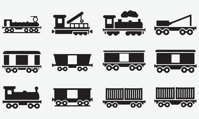 Collection of Black and White Train and Wagon Icons
