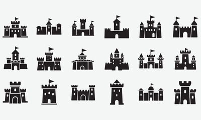 Collection of Black Castle Icons on White Background