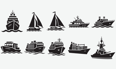 Collection of Diverse Ship Silhouettes on Water