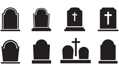 Collection of Gravestone Icons with Crosses and Different Shapes