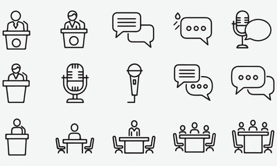 Collection of Icons Representing Public Speaking, Communication, and Meetings