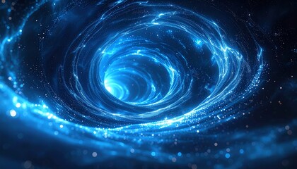 Abstract swirling vortex of blue energy with glowing particles resembling a cosmic wormhole or time tunnel