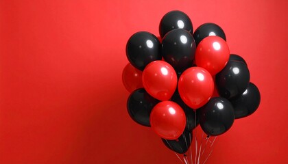 Red and Black Balloons for Festive Celebration, Party or Sale Promotion on Red Background with Copy Space