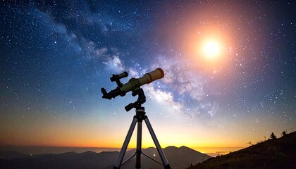 Telescope observing the stunning night sky with Milky Way and bright celestial body over mountain landscape.