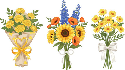 Beautiful mixed flower bouquet illustration set featuring chrysanthemums, sunflowers, poppies, and daisies with decorative ribbons, perfect for botanical, seasonal, and creative vector design projects