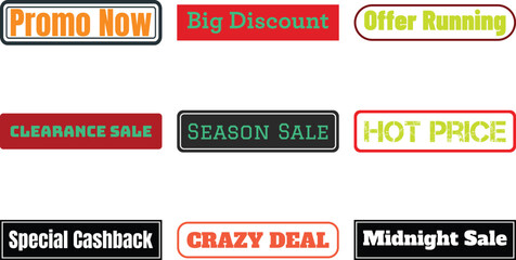 A set of colorful badge designs featuring bold promotional text for sales discounts and special offers