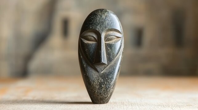 A sculpted mask in stone with a detailed carved face - Powered by Adobe