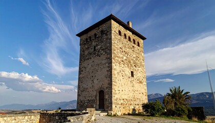 Ancient stone tower stands against a blue sky with wispy clouds, overlooking distant landscape