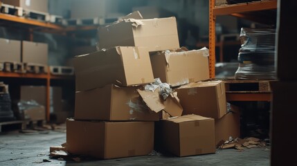 A large pile of overflowing brown cardboard boxes is stacked indoors in a dimly lit warehouse storage area