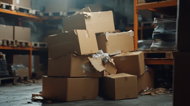 A large pile of overflowing brown cardboard boxes is stacked indoors in a dimly lit warehouse storage area