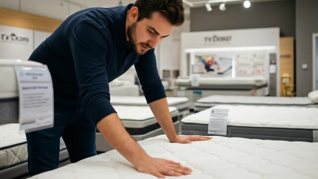 Man feeling a mattress in a store for comfort and quality before purchasing