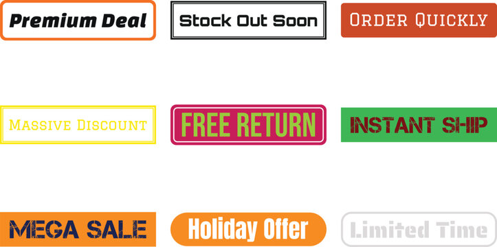 Six colorful promotional badges featuring bold text for deals discounts and offers arranged on a white background