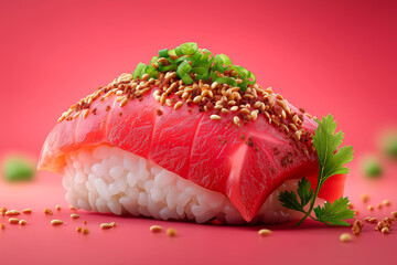 Close-up of sushi salmon fish, Japanese sushi collection. Sashimi sushi set with chopsticks and soy