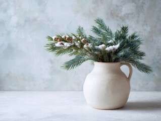 White ceramic vase with evergreen sprigs, snowy accents, clean studio backdrop, ultra-realistic