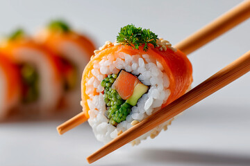 Close-up of sushi salmon fish, Japanese sushi collection. Sashimi sushi set with chopsticks and soy