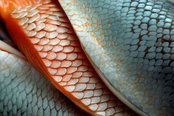 An abstract close-up view of stunning fish scales showcasing rich colors and intricate patterns, highlighting the beauty of marine life and textures found in nature.