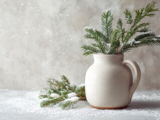 White ceramic vase with evergreen sprigs, snowy accents, clean studio backdrop, ultra-realistic