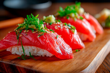 Close-up of sushi salmon fish, Japanese sushi collection. Sashimi sushi set with chopsticks and soy