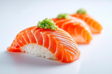 Close-up of sushi salmon fish, Japanese sushi collection. Sashimi sushi set with chopsticks and soy