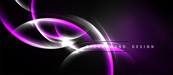 Abstract purple light streaks over black background. Dynamic curves create modern visual effect. Smooth gradients suggest energy, motion.