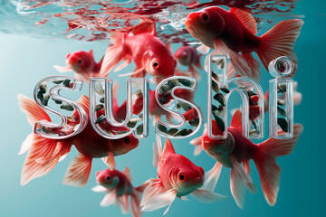 Close-up of typography word "fish" sushi salmon fish, Japanese sushi collection. Sashimi sushi set with chopsticks and soy