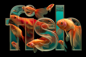 Close-up of typography word "fish" sushi salmon fish, Japanese sushi collection. Sashimi sushi set with chopsticks and soy