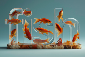 Close-up of typography word "fish" sushi salmon fish, Japanese sushi collection. Sashimi sushi set with chopsticks and soy