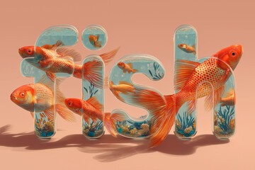 Close-up of typography word "fish" sushi salmon fish, Japanese sushi collection. Sashimi sushi set with chopsticks and soy