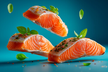 Close-up of sushi salmon fish, Japanese sushi collection. Sashimi sushi set with chopsticks and soy