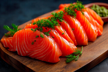 Close-up of sushi salmon fish, Japanese sushi collection. Sashimi sushi set with chopsticks and soy