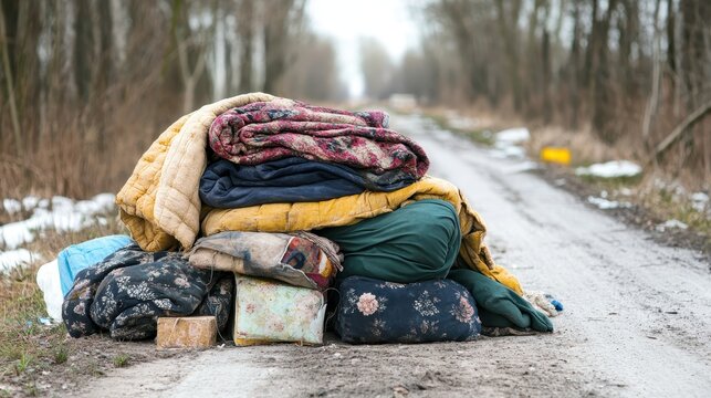 A pile of blankets and meager possessions rests abandoned on a dirt road in an outdoor setting