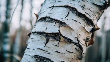 Close up of dried cracked white birch tree bark revealing textured natural surface in soft light