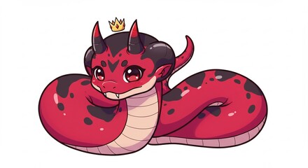 鮮やかな赤色の丸々とした体に黒い斑点を持つ可愛らしい蛇型ファンタジー生物がちょこんと座り小さな角と煌めく金色の王冠を優雅に飾る魅惑的なデジタルイラスト. AI Generated