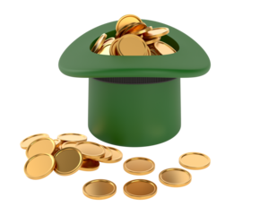 Green leprechaun hat with coins on white background. Isolated 3D illustration