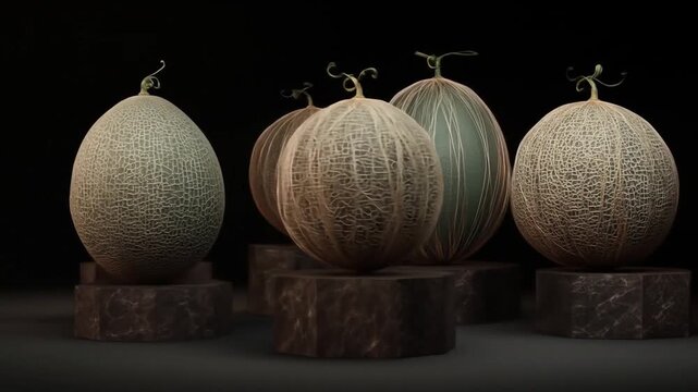 A beautifully arranged display of intricately textured melons on elegant pedestals, showcasing their unique patterns against a dark background, ideal for culinary or artistic use
