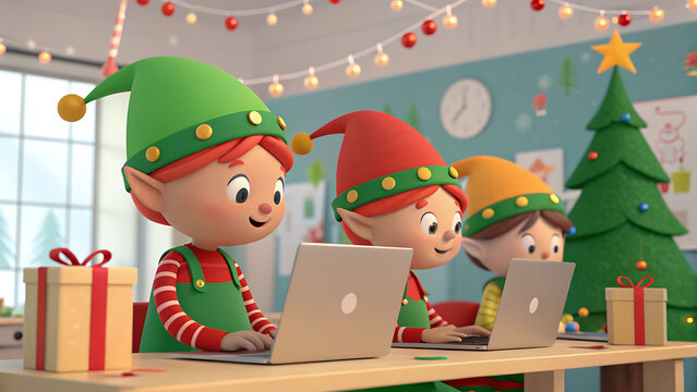 Three elves working on laptops in a festive office setting