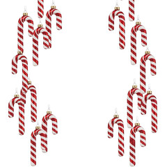 Glittering Candy Cane Christmas Ornaments Border on White