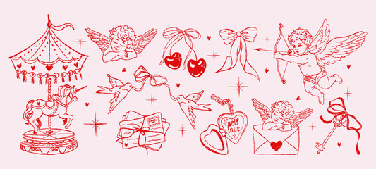 Hand-drawn Valentine illustration set with Cupid angels, bows, hearts, doves, carousel unicorn, love letters, keys and cherries. Romantic vintage sketch style for cards, stickers and holiday designs © Tasha