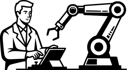 Robotics engineer man testing industrial automation robot arm vector icon
